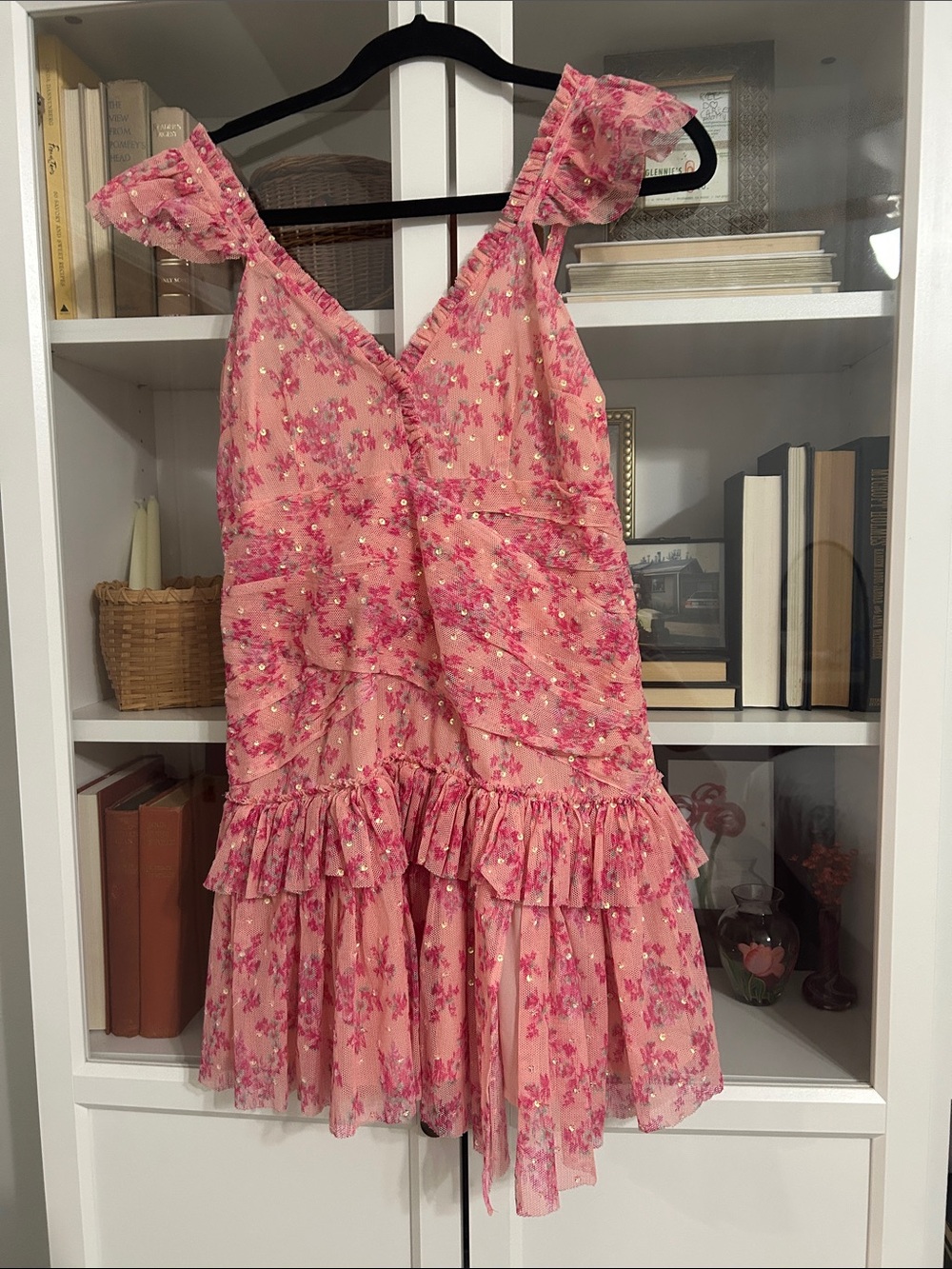 LoveShackFancy Roey Pink Floral Ruffle Mini Dress